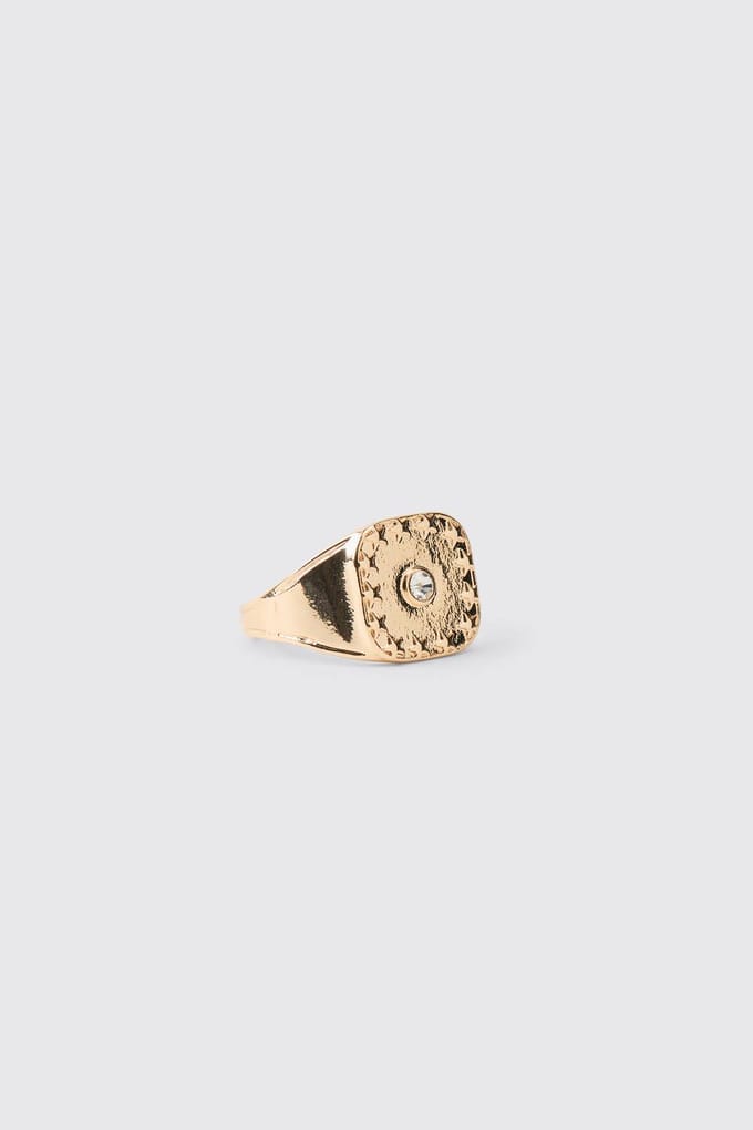 Gold-Tone Textured Gem Square Ring | Size Small/Medium