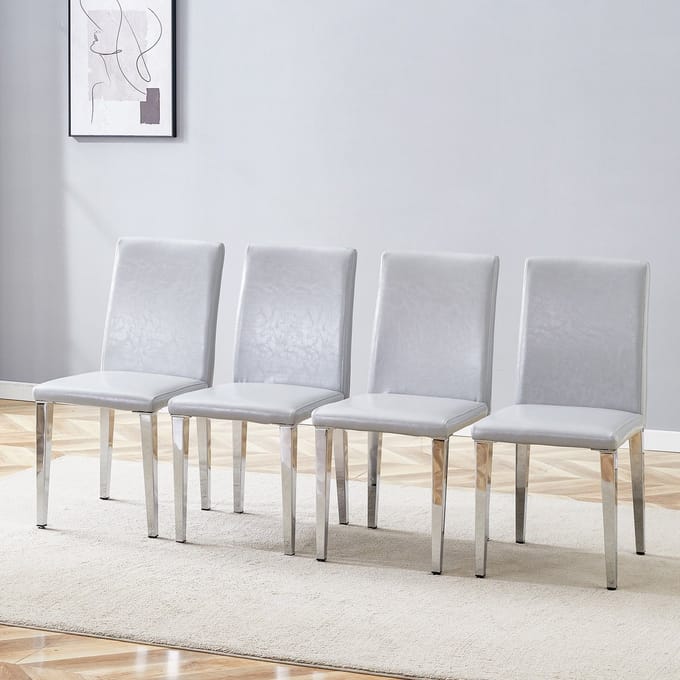 MODENUIT Eetkamerstoel - Set van 4 - Ergonomische Rugleuning - Voor Eetkamer - PU Leer en Metaal - Lichtgrijs