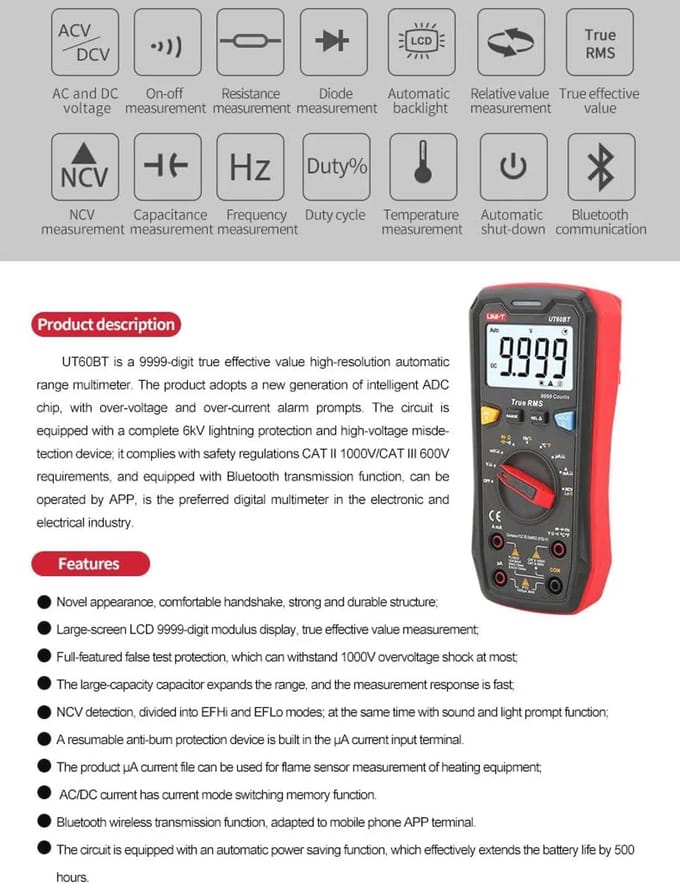 Slimme Digitale Multimeter met Bluetooth - AC/DC Volt, Stroom en Temperatuur Tester