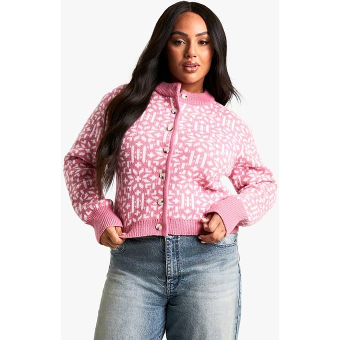 boohoo Dames Plus Premium Kerst Fairisle Gebreide Cardigan | Pink | Maat: 24-26