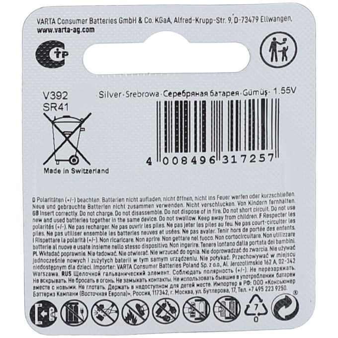 Varta - Varta V392/SR 41 Knoopcel Batterij 1.55v silver
