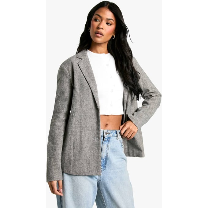 boohoo Dames Tall Herringbone Wool Look Blazer | Grey | Maat: 8