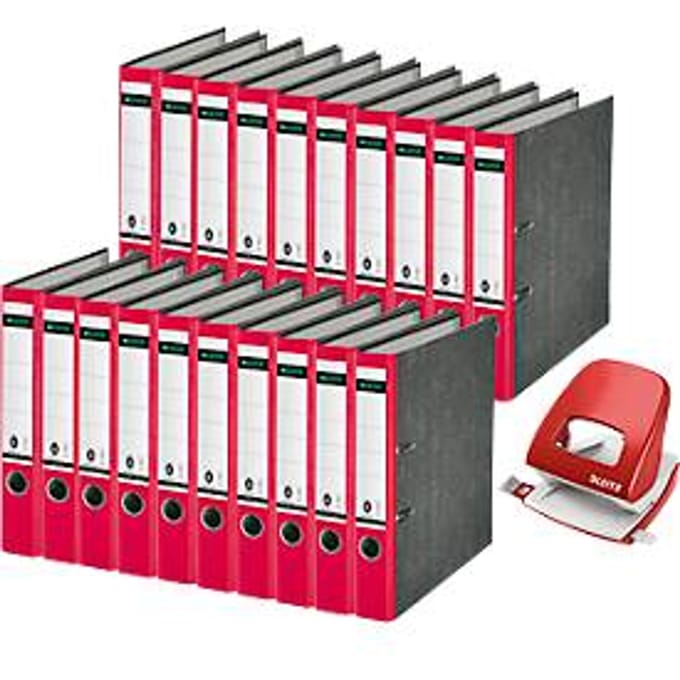 Leitz 1050 map, rugbreedte 52 mm, 20 stuks + Leitz 5008 perforator, 3 mm/30 vel, rood