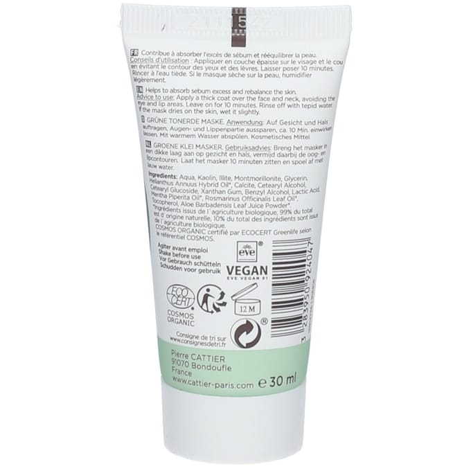 Cattier Biologisch Masker van Groene Klei Voor de Vette Huid 30 ml