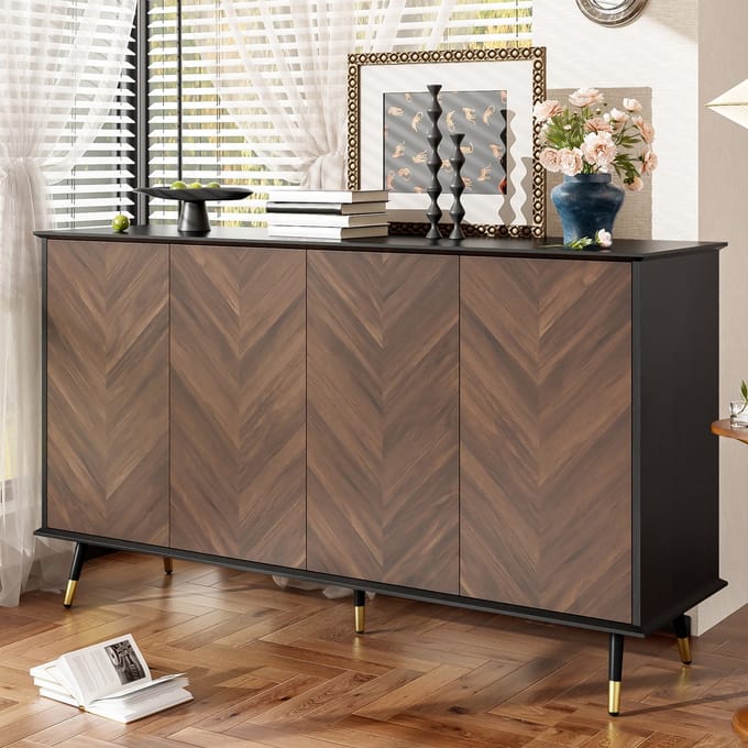 Dressoir - Met Visgraat Design - 4 Deuren Verstelbare Planken - MDF Metalen Poten - Hout - Natuur