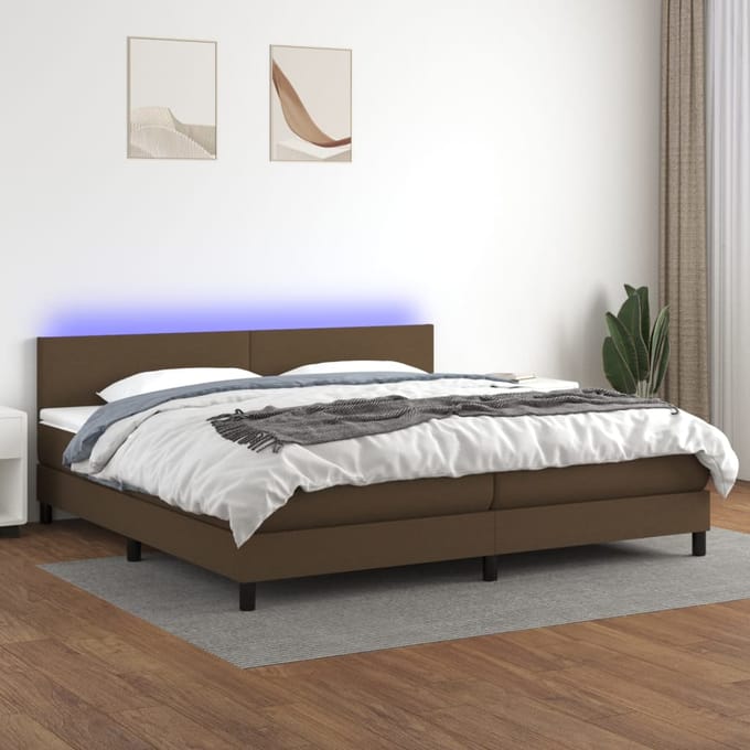 vidaXL - Boxspring - met - matras - en - LED - stof - donkerbruin - 200x200 - cm
