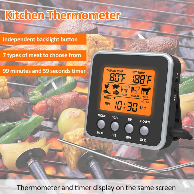 Oranje LCD digitale voedseltemperatuurmeter met achtergrondverlichting, kookvleesthermometer met temperatuursonde, zwart