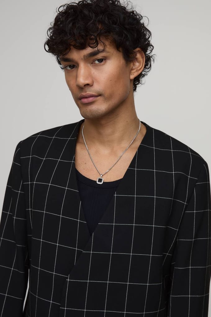 Windowpane Checked Collarless Regular Fit Wrap Blazer | Black | Size 46