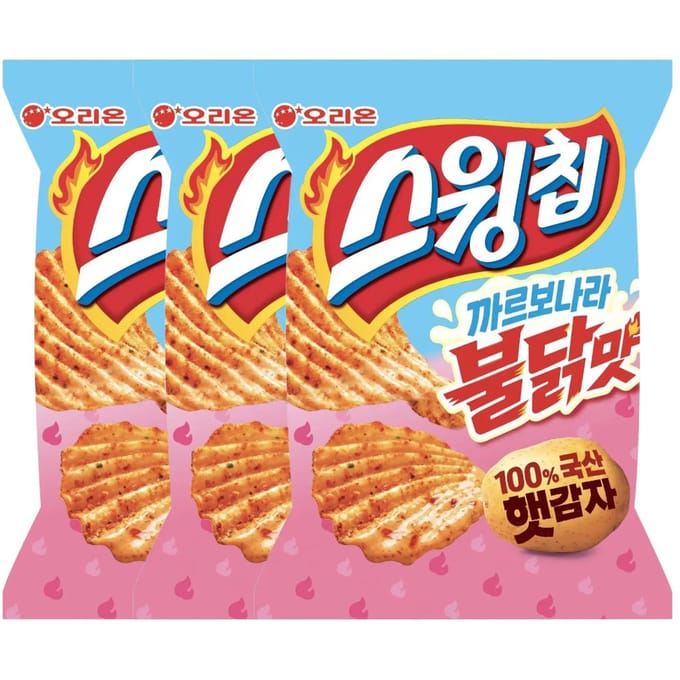 Orion Swing Chips Carbonara Buldak Smaak Knapperige Aardappelchips 55g (Pakket van 3) blue
