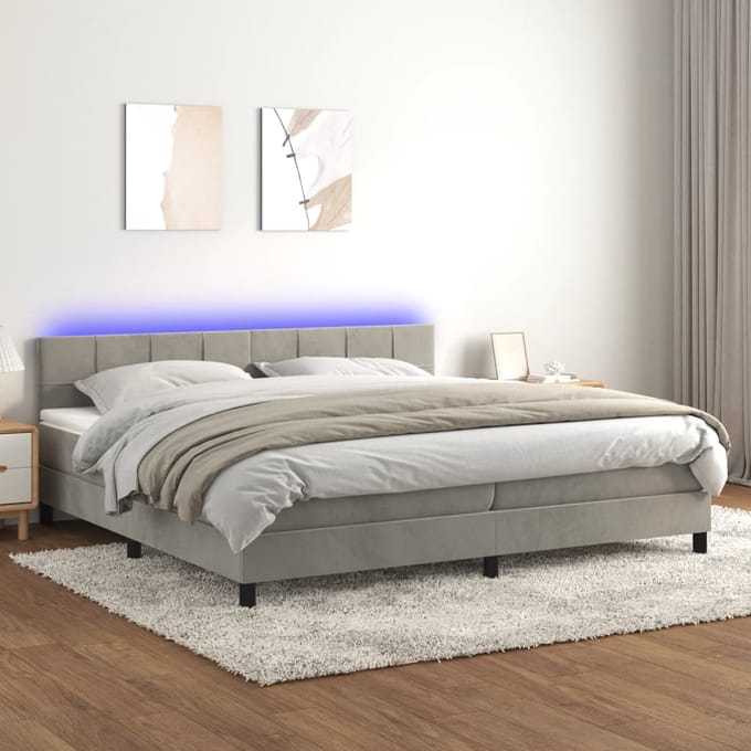 vidaXL - Boxspring - met - matras - en - LED - fluweel - lichtgrijs - 200x200 - cm
