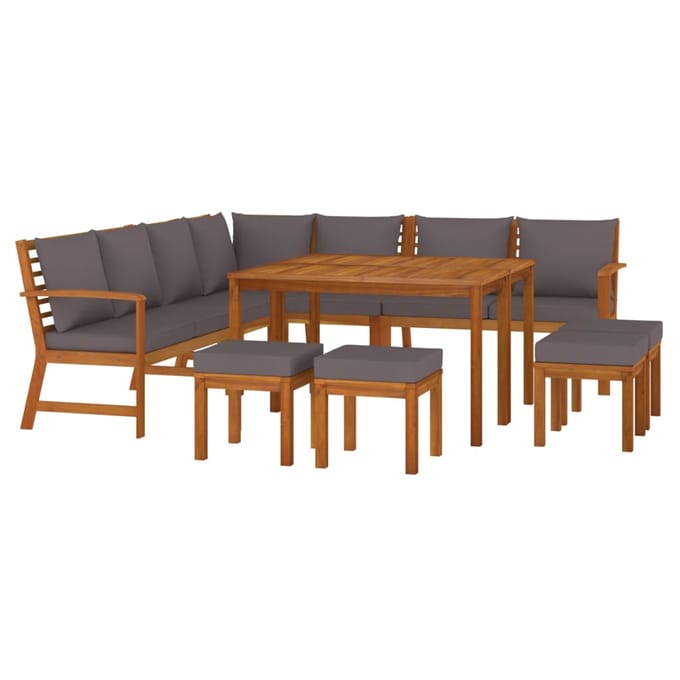 vidaXL - 11-delige - Tuinset - met - kussens - massief - acaciahout