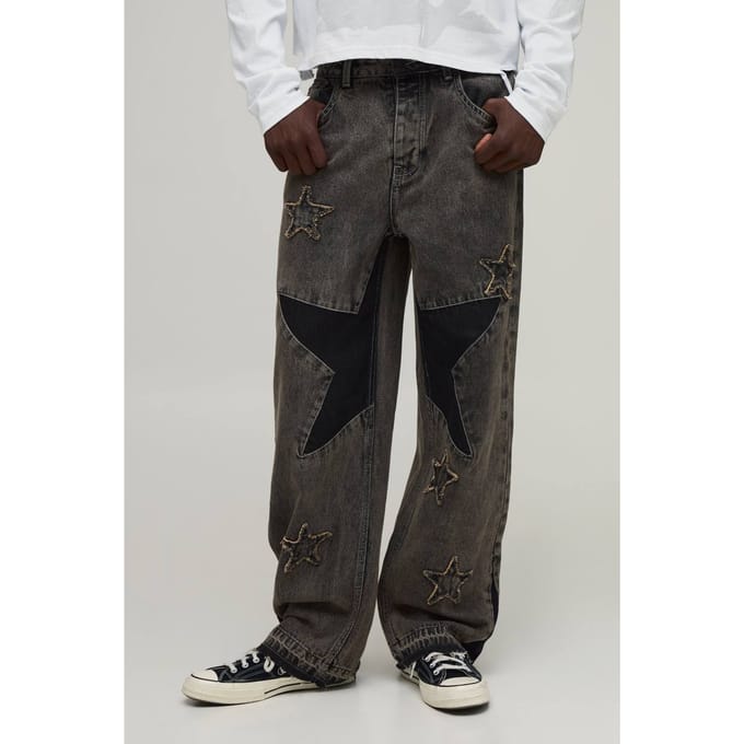 Relaxed Fit Jeans Met Ster Patchwork | Stone | Size 28R