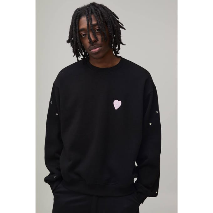 Oversized Boxy Embroidered Heart Panelled Sweatshirt | Black | Size Small