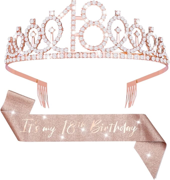 Sjerp en tiara voor 18e verjaardag - rosegoud verjaardagsdecoratie