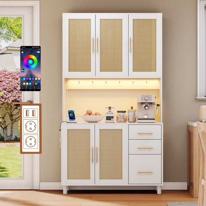 MODFU - Keuken Dressoir - App-Gestuurde Ledverlichting - Stopcontacten En Usb-Aansluiting - Verstelbare Planken - Wit - MDF - 183 cm