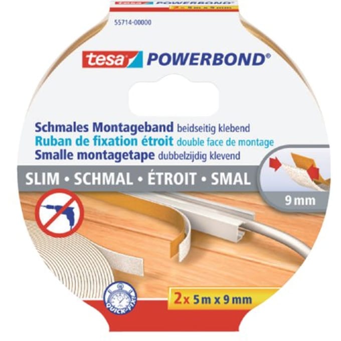 tesa Powerbond montagetape smal dubbelzijdig schuim extra sterk – beige 2 rollen 5m x 9mm