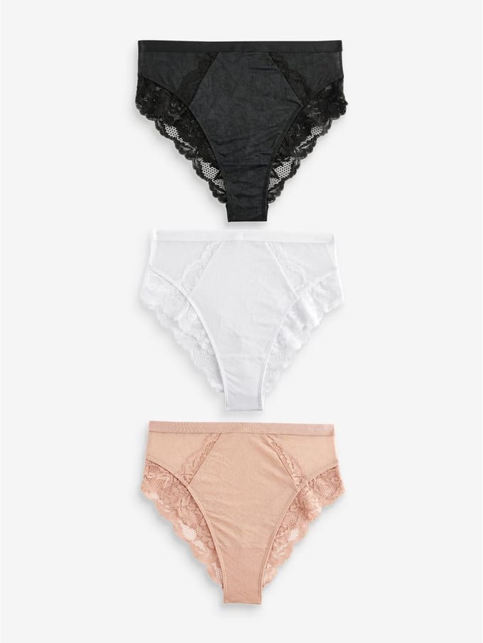 Next - Dames - Set van 3 hoog uitgesneden slips met kanten rand en hoge taille - Zwart