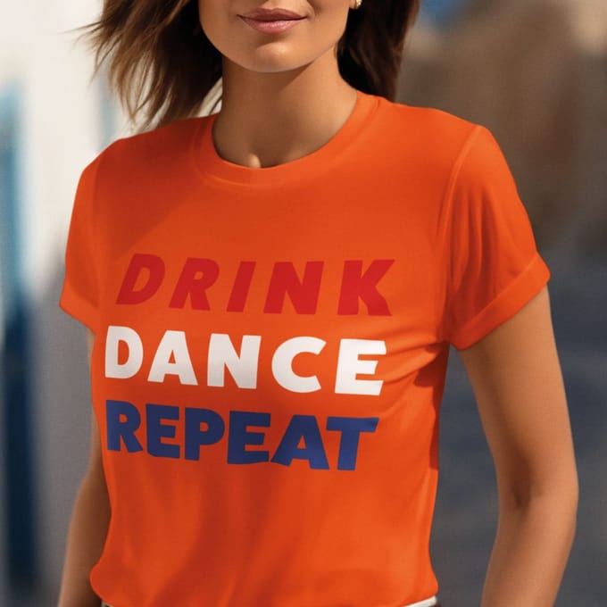 Oranje Koningsdag Dames T-Shirt Drink, Dance, Repeat XL