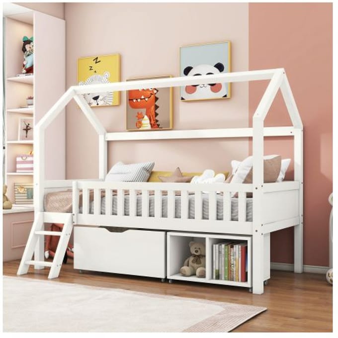 Lit junior - MUVOE - 200x90 cm - avec tiroirs de rangement - barrières de sécurité - pin massif blanc blanc
