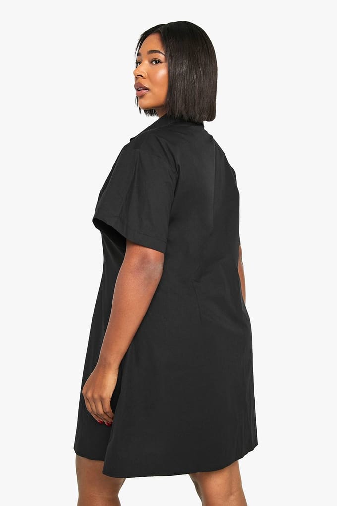 boohoo Dames Plus Poplin Getailleerde Shirtjurk | Black | Maat: 24
