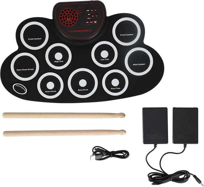 Dailygoods - Oprolbare Drumset met 9 Pads, Inclusief Stokken en Pedalen