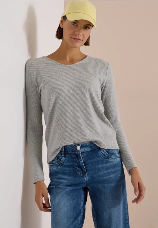Shirt met lange mouwen, V-hals en ribstructuur