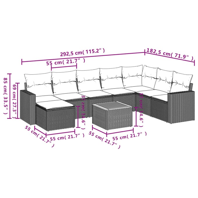 vidaXL - 9-delige - Loungeset - met - kussens - poly - rattan - beige