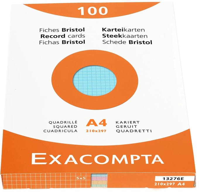 Exacompta etui 100 steekkaarten bristol geruit 5x5 niet geperforeerd 210x297mm - Geassorteerd - 13276E