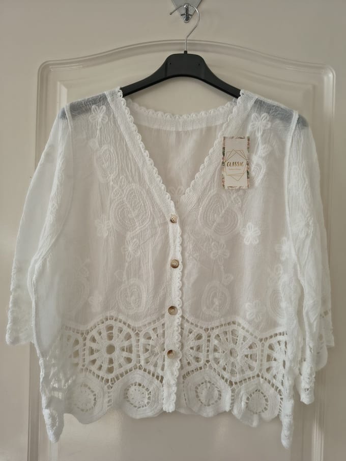 Dames vest Justa-effen wit-Maat M/L-driekwart mouwen