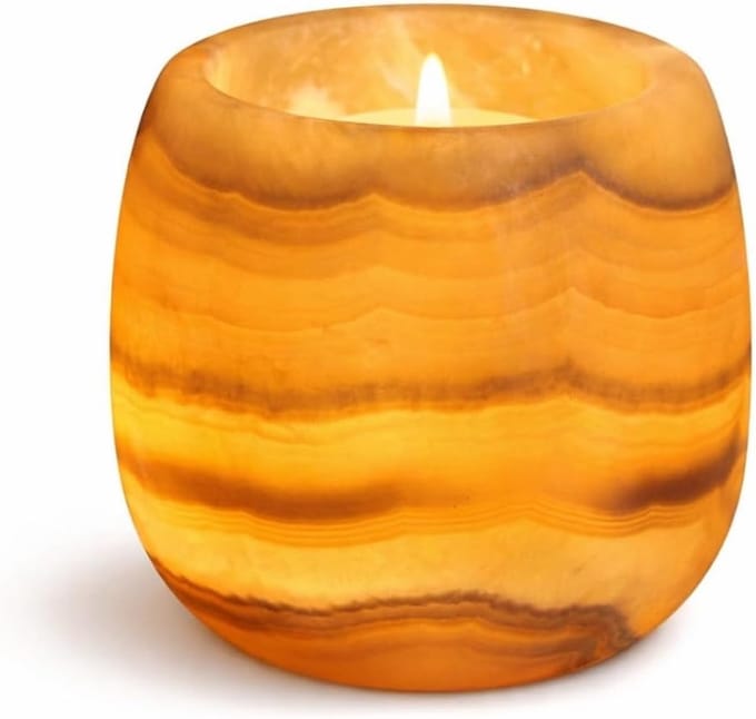 Kaarshouder - Theelichthouder Votive - Sfeerverlichting Creëren - Echte Albast Steen - 10 cm Diameter - Geel