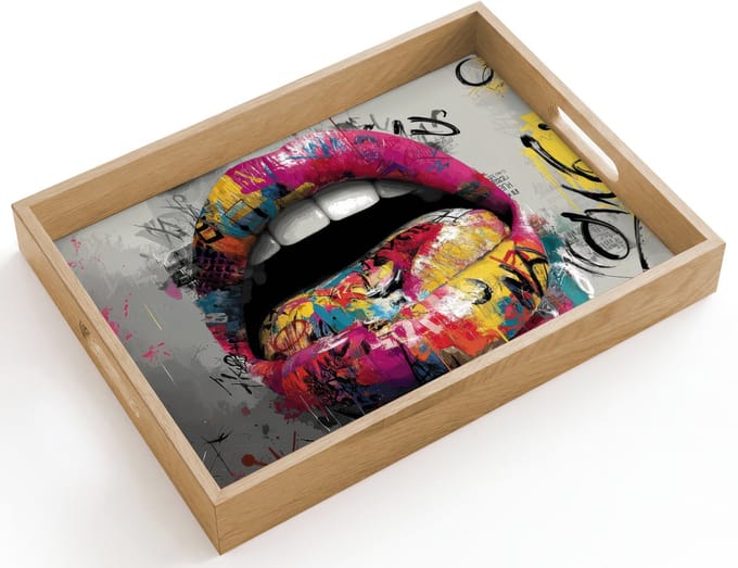 Dienblad hout 40x30 cm - Schootdienblad - Lippen - Graffiti - Expressief - Borrelplank rechthoek - Plateau dienbladen