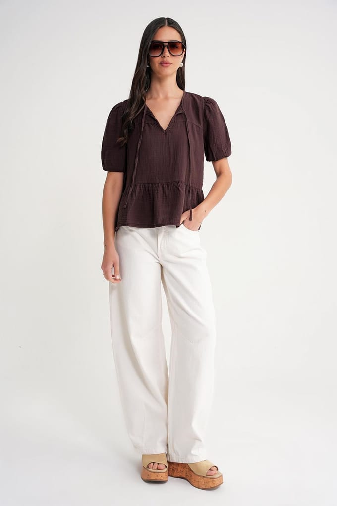 Gestructureerde Mousseline Crew Neck Blouse met Binding Detail