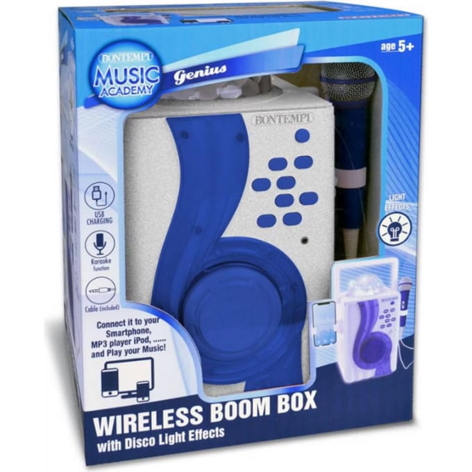Bontempi Draadloze Karaoke Boom Box met Disco Light – 23 x 10 x 28 cm – Wit met Blauw