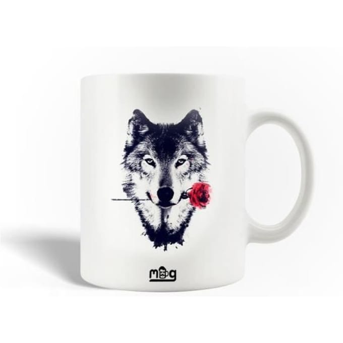 Mug en Céramique Tête De Loup Noir Fleurs Rouges