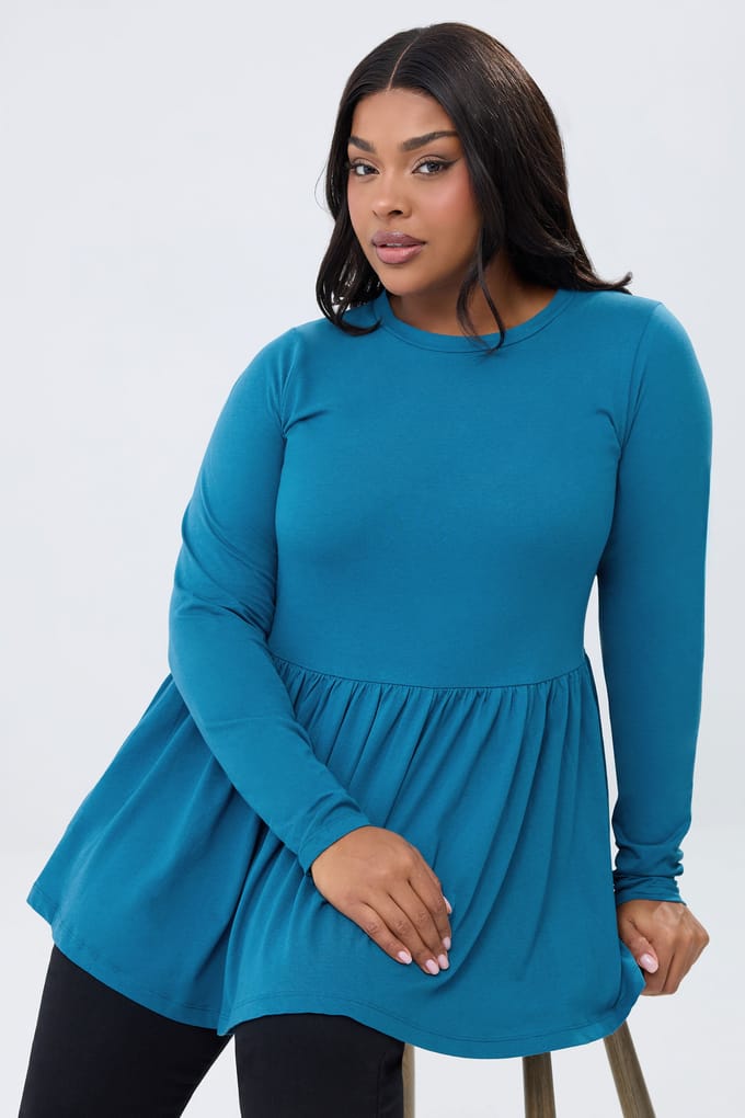 Yours Blauwe Peplum Top Met Lange Mouwen Size 42