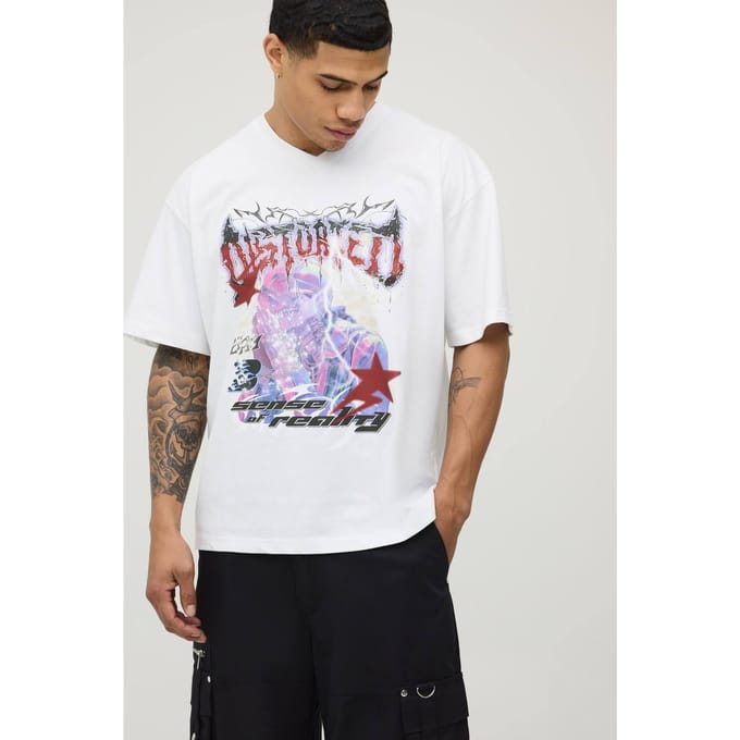 Oversized Vervormde Grafische T-shirt | White | Size Medium