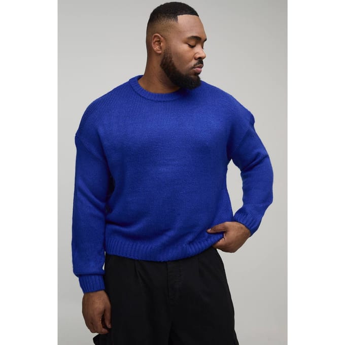 Plus Basic Boxy Fit Geborstelde Gebreide Trui | Cobalt | Size 2XL