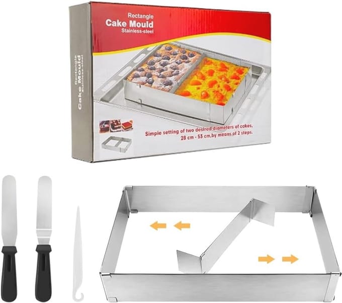 Stainless Steel Baking Frame Rectangular Adjustable Reusable Cake Ring Rectangular with Divider and 2 Corner Palettes - ShopVlot