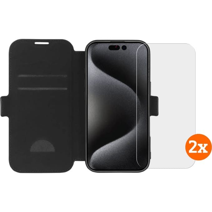 BlueBuilt Apple iPhone 16 Pro Book Case Leer Zwart + Screenprotector Glas Duo Pack