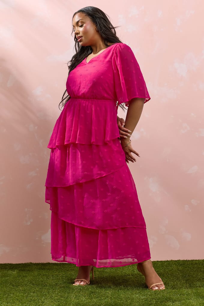 Yours Maxi Jurk Met Dobbytextuur En Rok Met Ruches In Felroze Size 44