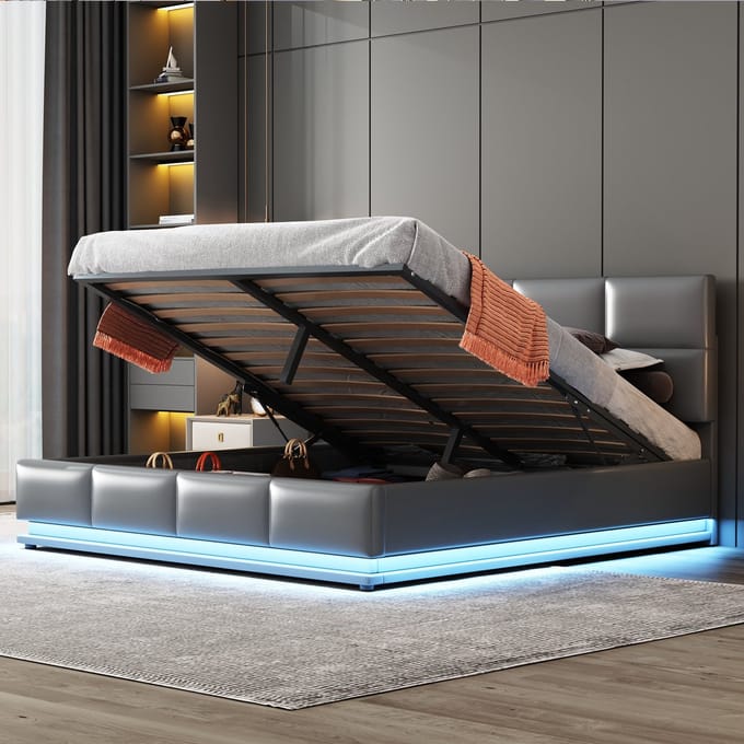 Wishdor Gestoffeerd bed - LED & hydraulisch - Verstelbaar hoofdbord - Kunstleer grijs - 160x200 cm