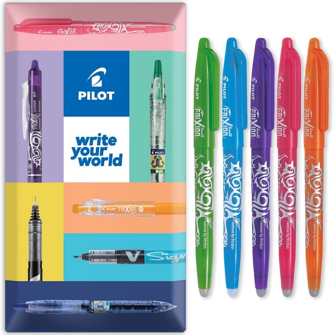 Uitwisbare rollerball pen 0,7 mm - Set van 5 - Lime Groen, Lichtblauw, Violet, Roze & Oranje