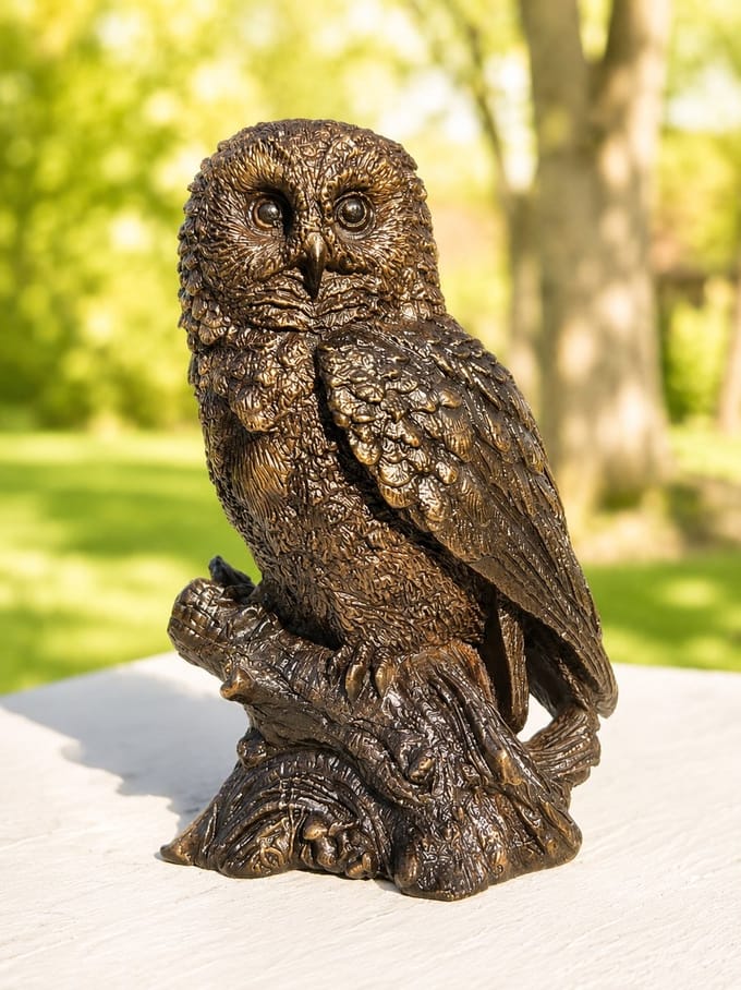 Bronzen dierenbeeld / UIL / op boomstam / vogel /
