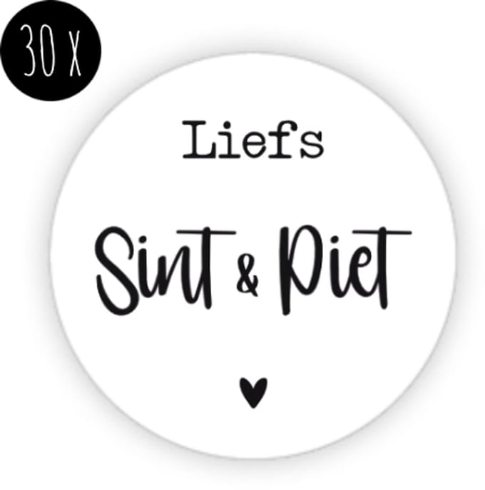 30x Sinterklaas Sticker | LIEFS SINT & PIET | Stickers / Cadeaustickers | 35 mm | wit & zwart