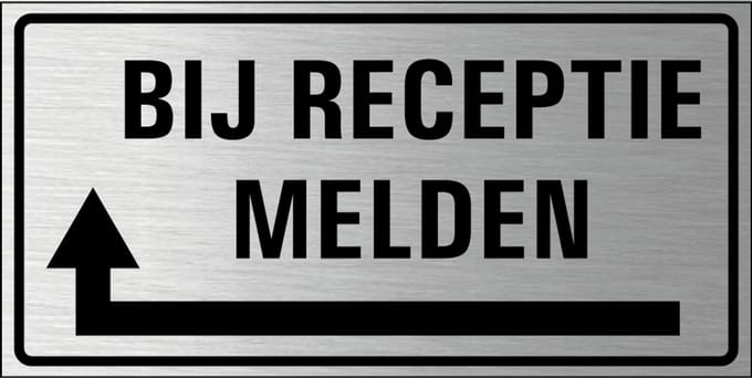 Bij receptie melden links bord, geborsteld aluminium 200 x 100 mm