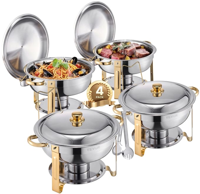 LabelOne Warmhoudplaat - Buffetwarmer - Chafing Dish - Warmhoudbakken - set van 4 - RVS - 4.6L capaciteit - rond - zilver/goud