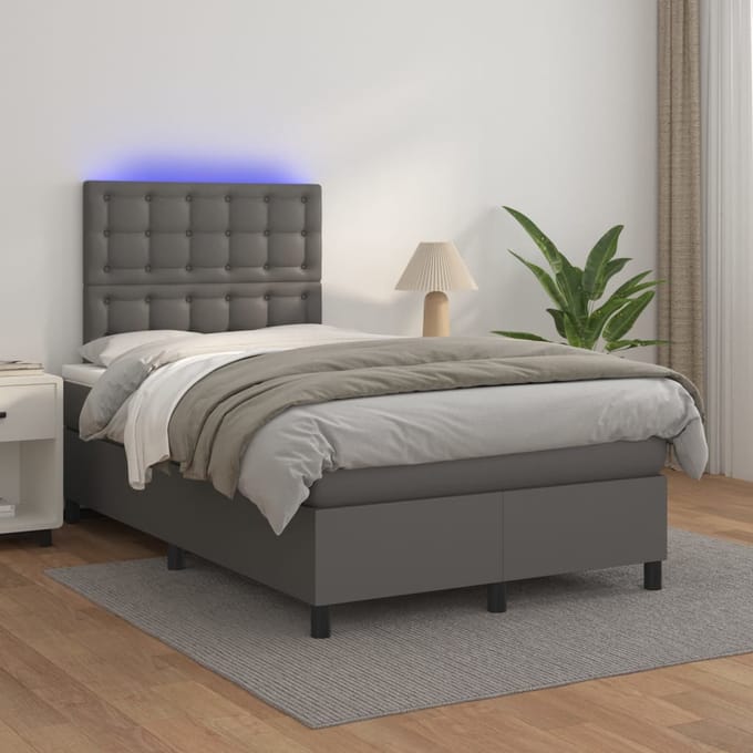 vidaXL - Boxspring - met - matras - en - LED - kunstleer - grijs - 120x200 - cm