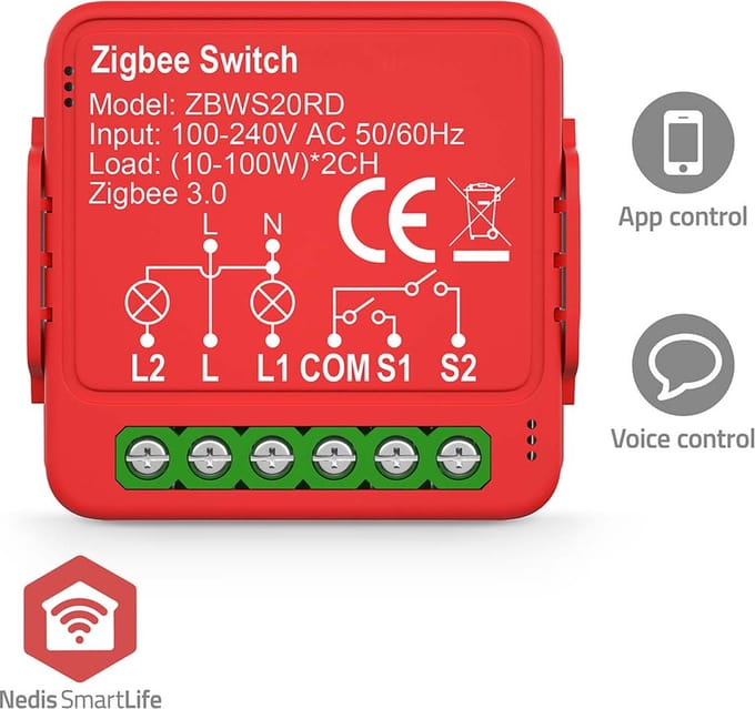 Nedis SmartLife inbouwmodule - Dubbele schakelaar - 2 x 100 W - Kroonsteen - App beschikbaar voor: Android / IOS