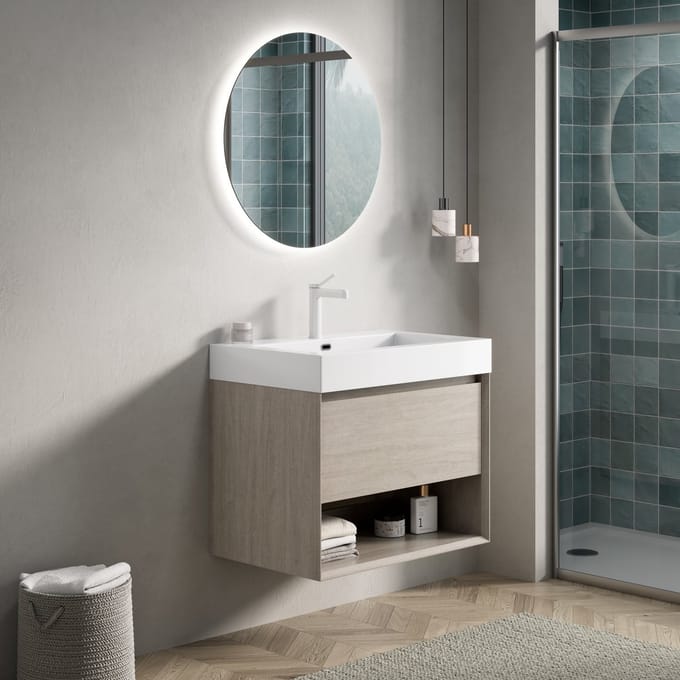 MODFU Wandgemonteerd Badkamermeubel - Met Lade En Open Plank - Modern - Resin - Licht Eiken En Wit - 70 Cm