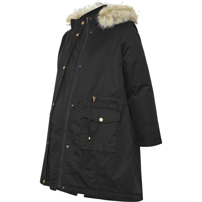 Bump It Up Maternity Zwarte Parka Met Imitatiebontkraag Size 48